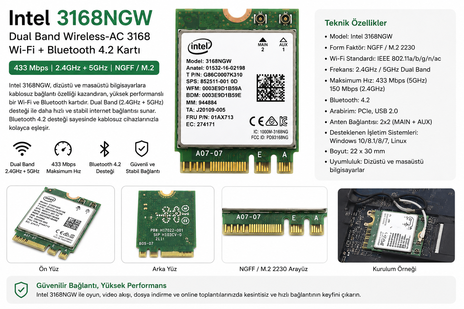 Intel 3168NGW Dual Band AC 433 Mbps WiFi 5 Bluetooth 4.2 M.2 Kablosuz Ağ Kartı